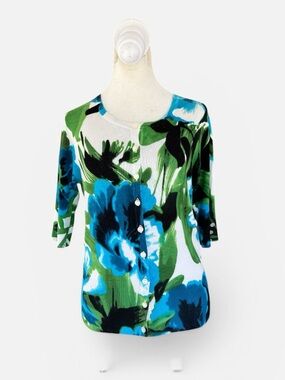 Audrey & Grace Watercolor Floral Button Front Cardigan in Blue & Green Size S